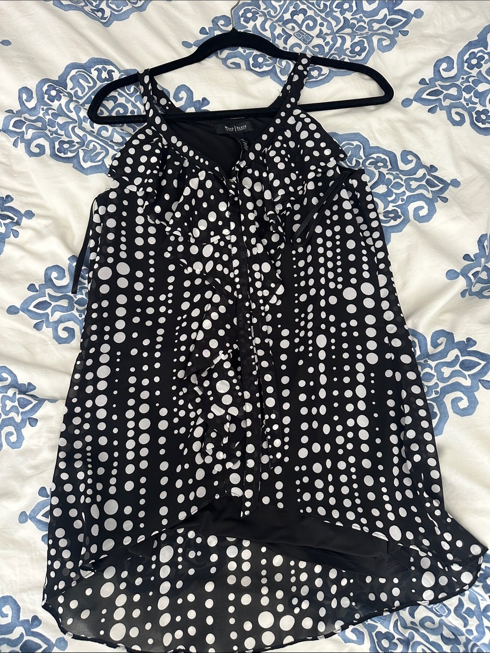 White House Black Market Black and White Polka Dot Ruffle Halter Camisole